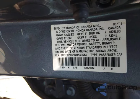 2019 Honda Civic Lx from USA, damaged, VIN 2HGFC2F65KH542543
